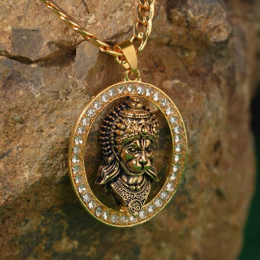 Gold-plated Hanuman Face Diamond Alloy Pendant Locket Set